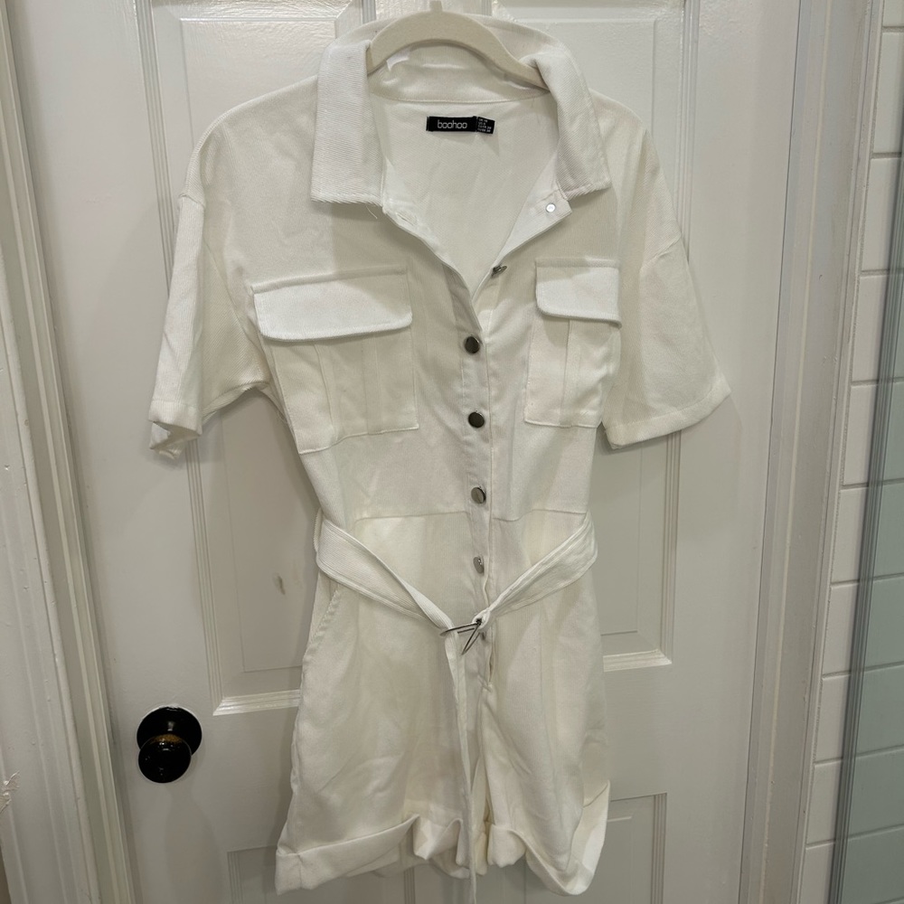 Boohoo white button down corduroy romper